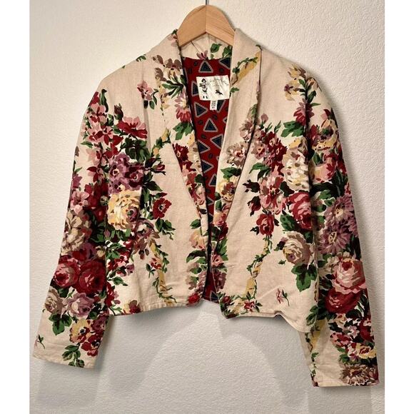 VTG Artsy My Boyfriends Back Funky Lined Barkcloth Tapestry Floral Jacket OS - Picture 1 of 5
